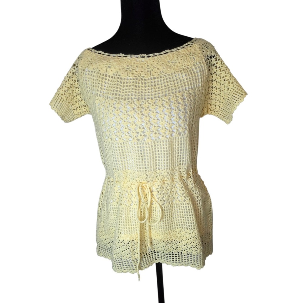 Womens Light Yellow Handmade Crochet Knit Peplum Top Boho Cottagecore
